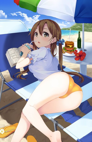 Anime picture 649x1000 with original unasaka ryou single long hair tall image blush open mouth light erotic brown hair twintails brown eyes ass looking back beach girl flower (flowers) swimsuit bikini drink hamburger