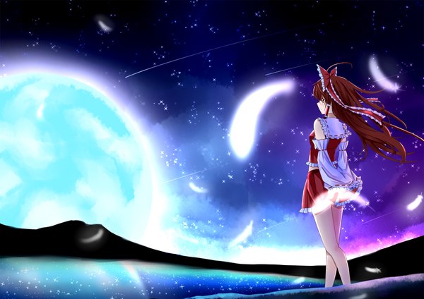 Anime picture 1920x1358 with touhou hakurei reimu single looking at viewer blush highres standing bare shoulders sky looking back night sky turning head hands behind back mountain girl skirt hair ornament bow hair bow moon