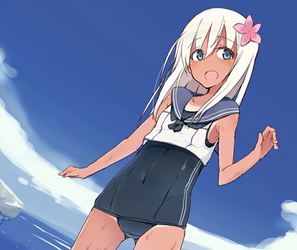 Anime picture 841x710 with kantai collection ro-500 submarine maze (gochama ze gohan) single long hair open mouth blue eyes light erotic smile looking away sky cloud (clouds) white hair hair flower dark skin girl hair ornament flower (flowers) swimsuit one-piece swimsuit
