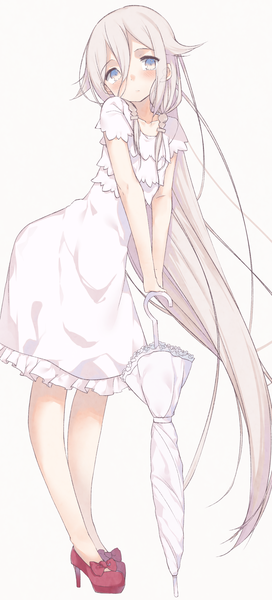 Anime picture 1540x3388 with vocaloid ia (vocaloid) kayahara (kayaka) single tall image blush simple background white background purple eyes looking away silver hair braid (braids) very long hair twin braids closed umbrella girl dress white dress umbrella