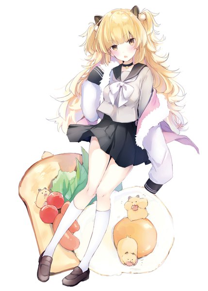 Anime picture 700x979 with original suzumori uina single long hair tall image looking at viewer blush fringe open mouth blonde hair brown eyes animal ears full body blunt bangs head tilt open jacket two side up girl uniform animal