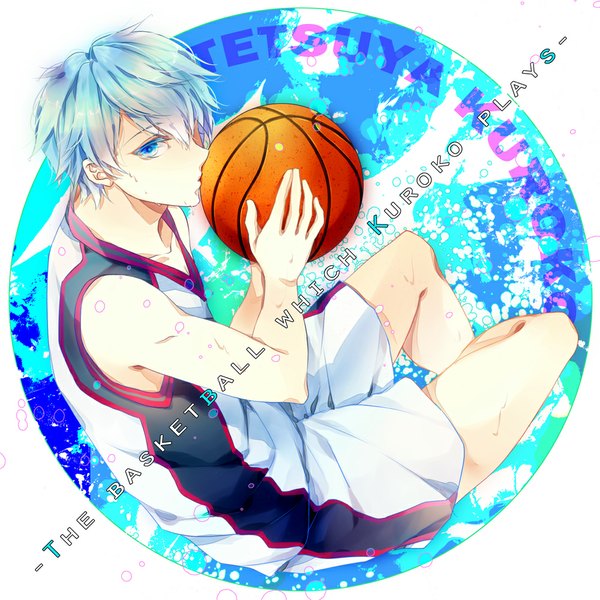 Anime picture 1000x1000 with kuroko no basket production i.g kuroko tetsuya reika (artist) single looking at viewer short hair blue eyes bare shoulders blue hair inscription wet sweat kiss basketball boy uniform gym uniform ball basketball ball