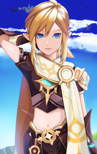 Anime picture 1091x1729 with genshin impact the legend of zelda the legend of zelda: breath of the wild nintendo aether (genshin impact) link aoi (ctsj4437) single tall image short hair blue eyes blonde hair standing sky cloud (clouds) pointy ears arm behind head low ponytail cosplay aether (genshin impact) (cosplay)
