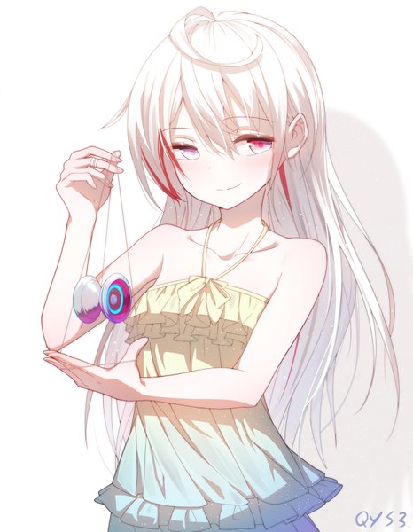 Anime picture 1283x1650 with original qys3 single long hair tall image looking at viewer blush fringe simple background smile hair between eyes red eyes white background bare shoulders holding signed upper body ahoge white hair multicolored hair
