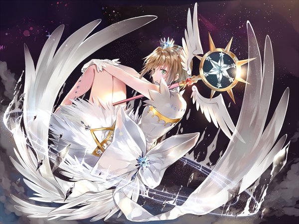 Anime picture 1500x1123 with card captor sakura clamp kinomoto sakura hinahino single short hair brown hair green eyes hand on knee magical girl girl dress gloves bow wings white gloves white dress crown large bow mini crown