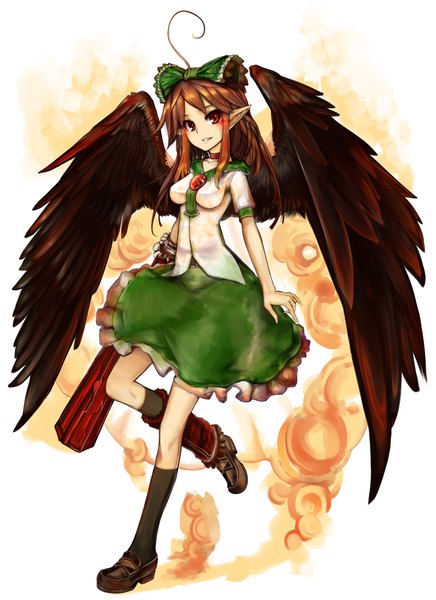 Anime picture 1499x2063 with touhou reiuji utsuho virus (obsession) single long hair tall image blush smile red eyes brown hair ahoge pointy ears black wings arm cannon girl skirt bow weapon hair bow wings