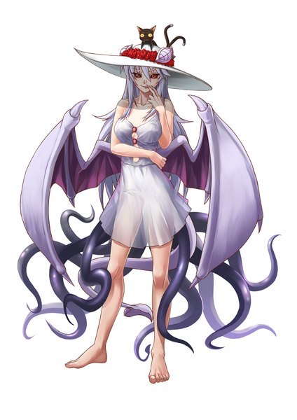 Anime picture 1240x1754 with monster girl encyclopedia original lilim (monster girl encyclopedia) maritan (artist) single long hair tall image looking at viewer simple background red eyes standing white background bare shoulders silver hair tail barefoot horn (horns) demon girl multiple tails demon wings