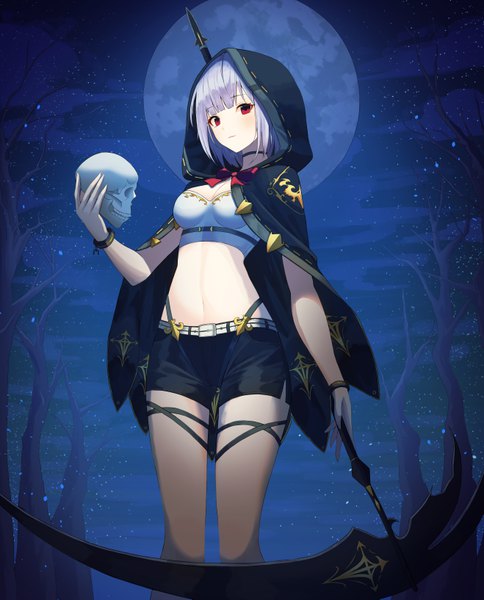 Anime picture 5272x6529 with original jayamon single tall image looking at viewer fringe highres short hair breasts red eyes standing holding payot absurdres cleavage silver hair outdoors night night sky bare tree