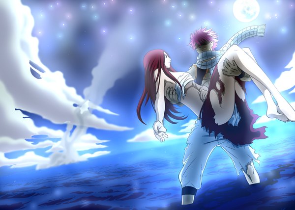 Anime picture 2000x1428 with fairy tail erza scarlet natsu dragneel akemiii long hair highres short hair light erotic holding pink hair red hair black eyes night sky sleeveless torn clothes coloring light smoke muscle hair over eyes