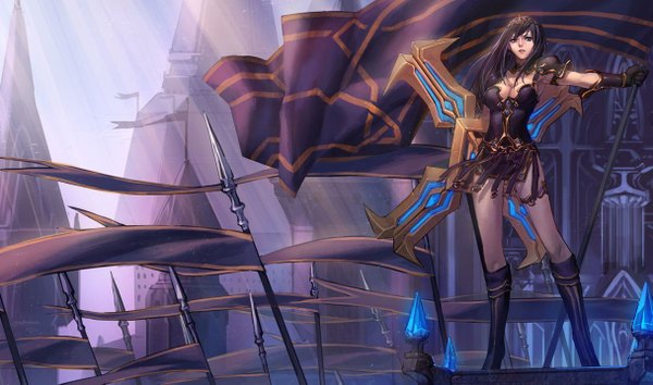 Anime picture 1215x717 with league of legends sivir (league of legends) single long hair looking at viewer black hair wide image city girl weapon armor crystal spear flag boomerang
