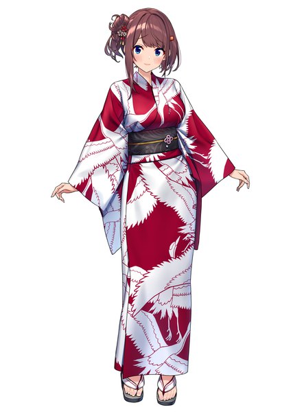 Anime picture 2893x4092 with original hitoyo (baffu) baffu single tall image looking at viewer highres short hair blue eyes simple background brown hair standing white background full body traditional clothes japanese clothes animal print bird print girl hair ornament