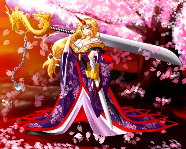 Anime picture 2000x1600 with touhou hoshiguma yuugi untue long hair highres red eyes cleavage horn (horns) orange hair cherry blossoms girl weapon plant (plants) petals sword tree (trees) chain dragon