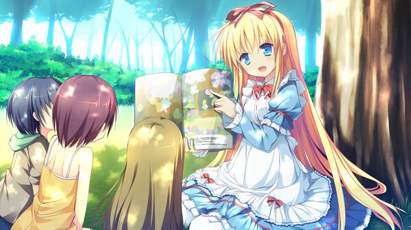 Anime picture 1280x720 with clover day's long hair blush open mouth blue eyes blonde hair wide image game cg girl dress ribbon (ribbons) plant (plants) hair ribbon tree (trees) forest child (children)
