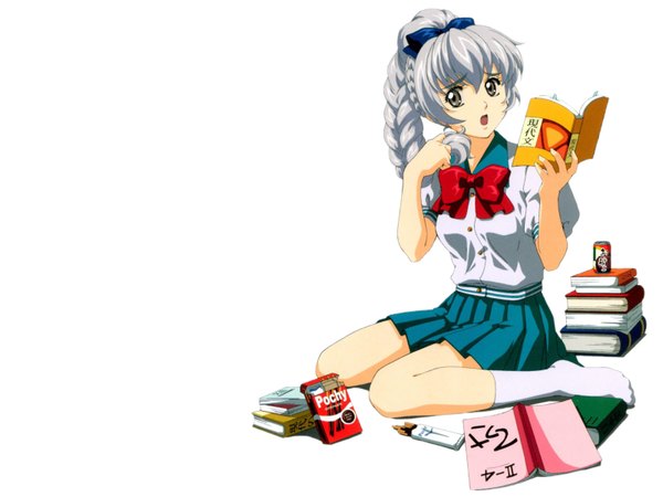 Anime picture 1600x1200 with full metal panic! gonzo teletha testarossa single long hair looking at viewer open mouth simple background white background sitting braid (braids) :o single braid wariza girl gloves uniform school uniform socks sweets