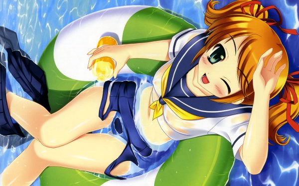 Anime picture 2560x1600 with original nanami ayane single looking at viewer blush highres short hair open mouth light erotic wide image twintails one eye closed from above wink orange hair no bra wet short twintails girl skirt