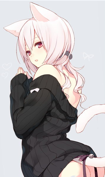 Anime picture 500x844 with original mayachi (amuriya) single long hair tall image looking at viewer fringe open mouth light erotic simple background hair between eyes red eyes bare shoulders animal ears pink hair ass tail animal tail looking back from behind
