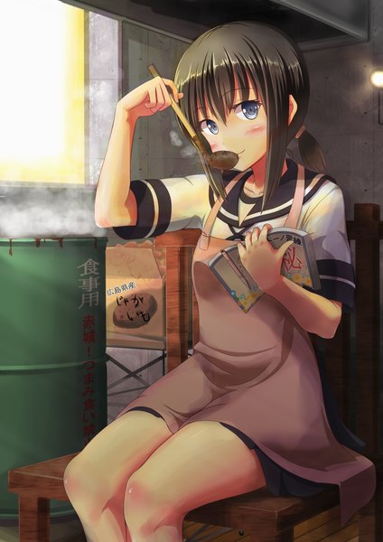 Anime picture 744x1052 with kantai collection fubuki destroyer ichikawa feesu single tall image blush short hair blue eyes black hair sitting cooking girl uniform serafuku apron