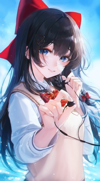 Anime picture 3000x5422 with virtual youtuber stellive shirayuki hina bbeedol single long hair tall image looking at viewer blush fringe highres blue eyes black hair holding sky upper body outdoors blunt bangs braid (braids) long sleeves