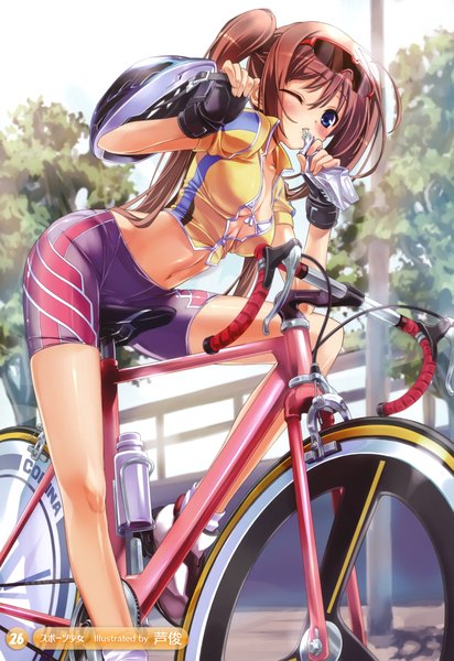 Anime picture 3192x4646 with ashishun single long hair tall image blush highres breasts blue eyes light erotic brown hair twintails absurdres one eye closed wink girl navel ground vehicle helmet bicycle bicycle helmet