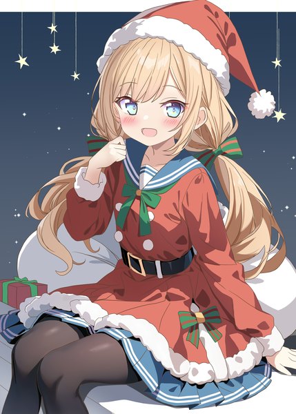 Anime picture 1332x1864 with original aruka (alka p1) single long hair tall image looking at viewer blush open mouth blue eyes blonde hair sitting twintails :d loli low twintails christmas sailor collar girl bow hair bow
