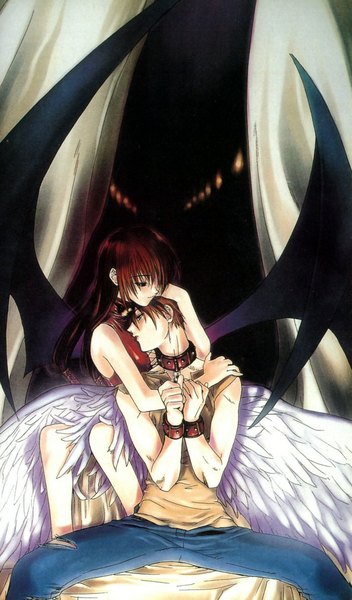 Anime picture 692x1178 with angel sanctuary mudou setsuna tagme (artist) long hair tall image short hair brown hair sitting black eyes hug torn clothes hand on head angel wings black wings bondage demon wings white wings hand on another's shoulder hug from behind girl