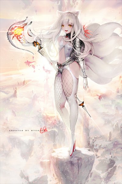 Anime picture 750x1125 with blade & soul nightmadness long hair tall image looking at viewer light erotic smile animal ears yellow eyes silver hair tail multiple tails thick thighs girl navel staff