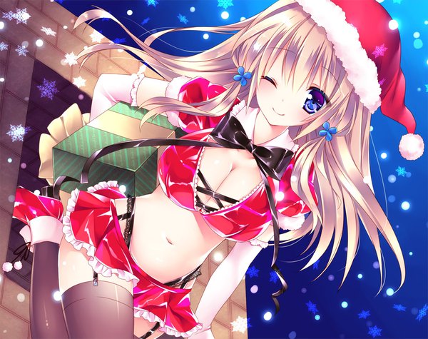 Anime picture 914x724 with original sorai shin'ya single long hair blush fringe breasts blue eyes light erotic smile hair between eyes large breasts holding one eye closed wink dutch angle puffy sleeves fur trim floating hair frilly skirt