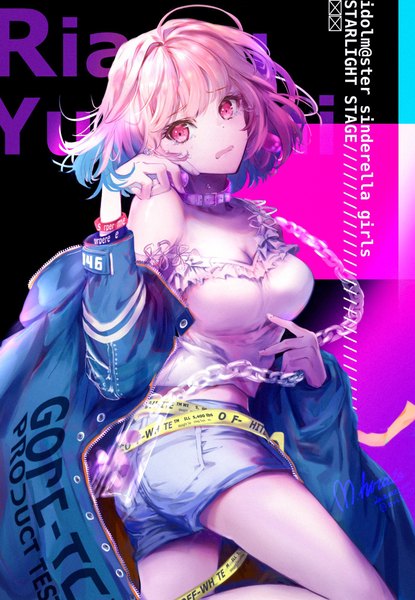 Anime picture 1416x2048 with idolmaster idolmaster cinderella girls supreme yumemi riamu hirose (10011) single tall image looking at viewer fringe short hair breasts open mouth standing signed pink hair cleavage ahoge head tilt pink eyes multicolored hair