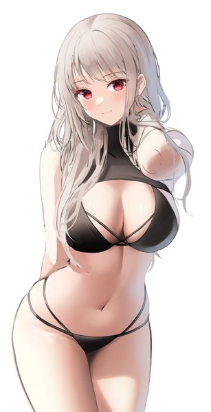 Anime picture 2093x4096 with original torrentduck single long hair tall image looking at viewer blush fringe highres breasts light erotic simple background smile red eyes large breasts standing white background cleavage blunt bangs head tilt