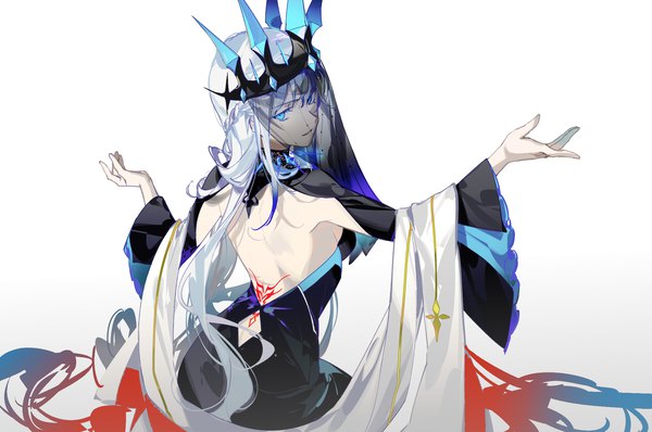 Anime picture 1976x1312 with fate (series) fate/grand order morgan le fay (fate) aokiku single looking at viewer highres blue eyes simple background white background silver hair very long hair looking back from behind back spread arms half updo bare back girl crown