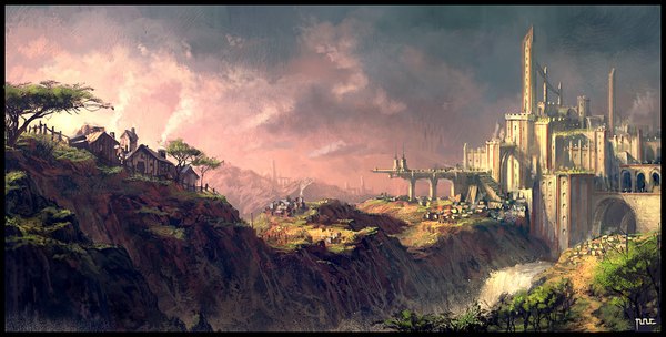 Anime picture 1050x533 with moonworker1 wide image sky cloud (clouds) city smoke fantasy river nature rock waterfall plant (plants) tree (trees) water castle arch