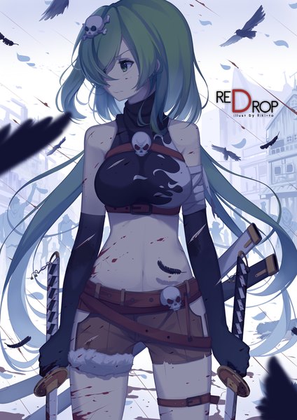 Anime picture 700x990 with original riki-to tall image fringe holding green eyes sky very long hair green hair hair over one eye inscription bare belly midriff dual wielding girl gloves navel weapon animal sword