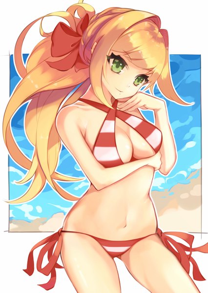 Anime picture 2190x3085 with fate (series) fate/grand order nero claudius (fate) (all) nero claudius (swimsuit caster) (fate) soar single long hair tall image looking at viewer fringe highres breasts light erotic blonde hair large breasts standing green eyes payot head tilt beach