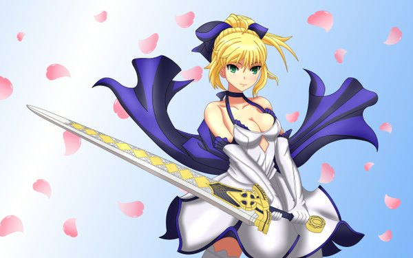 Anime picture 1280x800 with fate (series) fate/stay night studio deen type-moon artoria pendragon (all) saber saber lily single fringe breasts blonde hair smile wide image holding green eyes ponytail girl thighhighs dress gloves