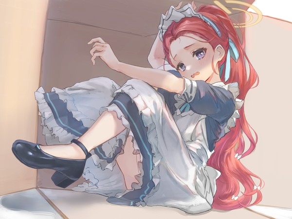 Anime-Bild 2560x1920 mit blue archive yuzu (blue archive) yuzu (maid) (blue archive) marulire single looking at viewer blush highres open mouth light erotic sitting purple eyes full body ponytail red hair arm up short sleeves maid high heels official alternate costume