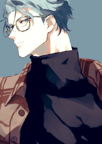 Anime picture 724x1024 with original oo taka single tall image looking at viewer short hair blue eyes simple background blue hair upper body grey background turning head boy glasses turtleneck