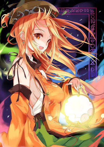 Anime picture 707x1000 with touhou matara okina tetsurou (fe+) single long hair tall image looking at viewer open mouth light erotic upper body wind orange hair orange eyes sideboob girl hat detached sleeves earrings tabard