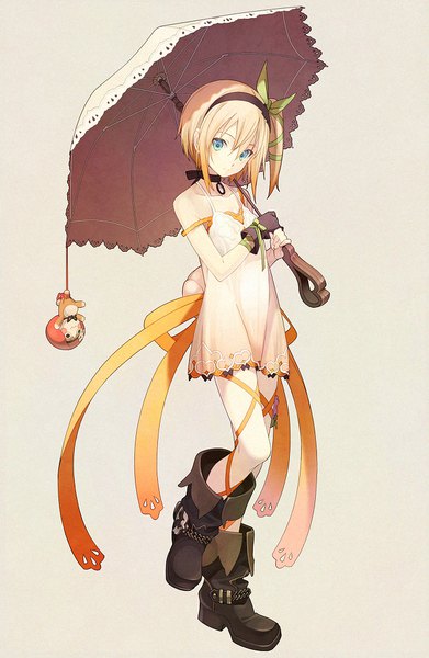 Anime picture 652x1000 with tales of (series) tales of zestiria edna (tales) normin (tales) 16 ban single tall image blush fringe short hair simple background blonde hair hair between eyes standing bare shoulders holding full body head tilt aqua eyes one side up