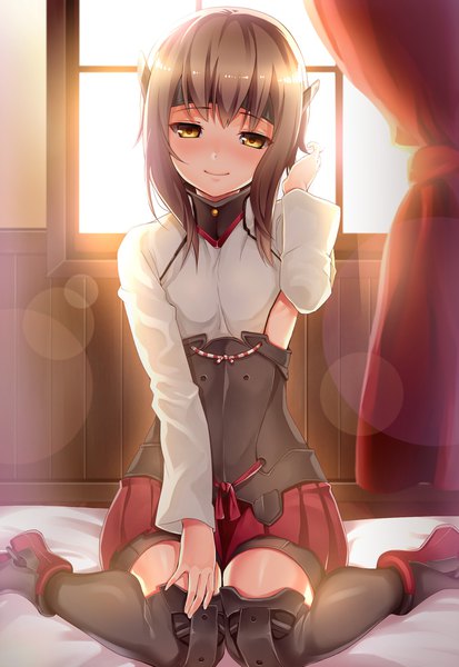Anime picture 1596x2318 with kantai collection taihou armored aircraft carrier kat (bu-kunn) single long hair tall image looking at viewer fringe smile brown hair sitting brown eyes indoors blunt bangs pleated skirt arm up zettai ryouiki wariza asymmetrical hair knees together feet apart