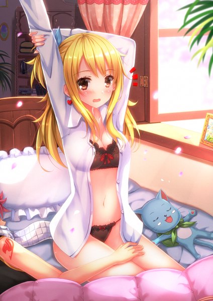 Anime picture 1018x1440 with fairy tail lucy heartfilia natsu dragneel happy (fairy tail) swordsouls long hair tall image blush open mouth light erotic blonde hair red eyes open clothes open shirt one side up girl boy navel underwear panties