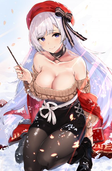 Anime picture 989x1500 with azur lane belfast (azur lane) belfast (shopping with the head maid) (azur lane) temir single tall image looking at viewer blush fringe breasts light erotic simple background smile large breasts white background purple eyes bare shoulders holding cleavage silver hair