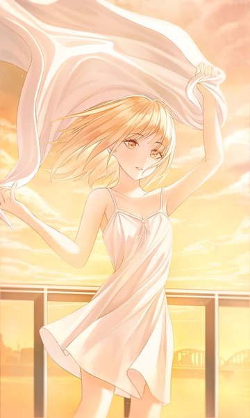 Anime picture 1100x1833 with original youngsok single long hair tall image looking at viewer fringe blonde hair standing holding yellow eyes payot sky cloud (clouds) outdoors parted lips wind sunlight girl dress