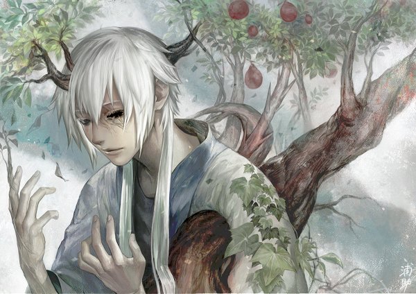 Anime-Bild 1200x849 mit original uraki (tetsu420) single long hair twintails white hair traditional clothes japanese clothes horn (horns) grey eyes uneven twintails boy plant (plants) tree (trees) leaf (leaves) fruit