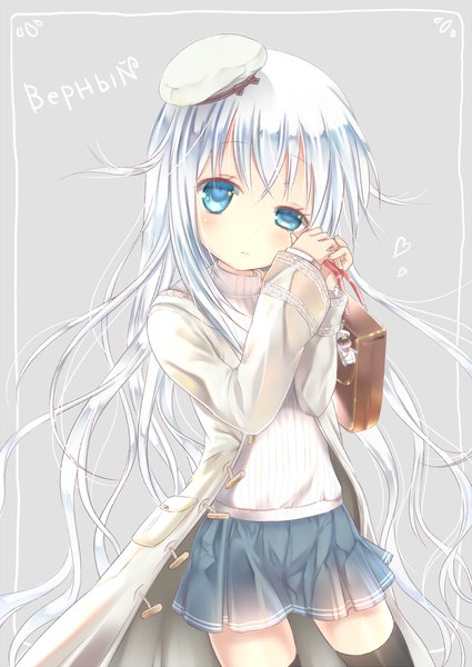 Anime picture 1000x1411 with kantai collection hibiki destroyer verniy destroyer cube (maryquant) single long hair tall image looking at viewer blush blue eyes white hair alternate costume character names text russian girl thighhighs skirt black thighhighs miniskirt