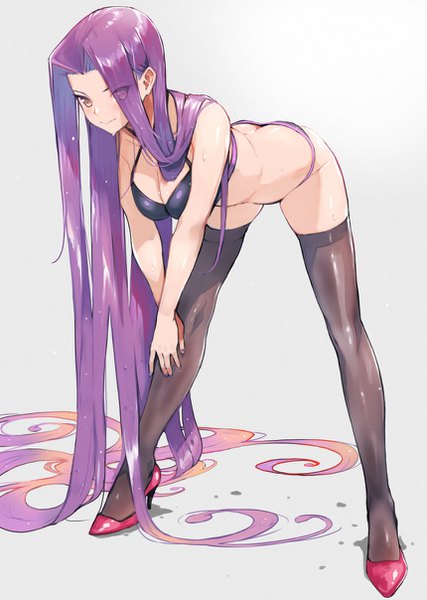 Anime picture 859x1208 with fate (series) fate/stay night rider doushimasho single long hair tall image looking at viewer blush breasts light erotic simple background large breasts standing white background purple eyes cleavage purple hair full body ass