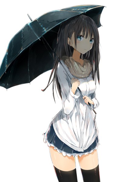 Anime picture 932x1500 with original sune (mugendai) single long hair tall image looking at viewer fringe breasts blue eyes black hair simple background standing white background holding pleated skirt zettai ryouiki girl skirt miniskirt shirt