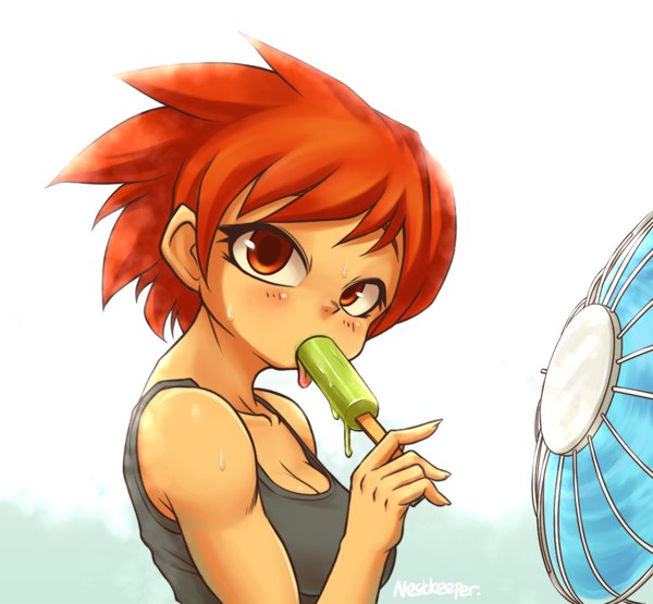 Anime picture 1106x1024 with nestkeeper single looking at viewer blush short hair red eyes red hair sweat eating girl food sweets tongue t-shirt fan ice cream electric fan