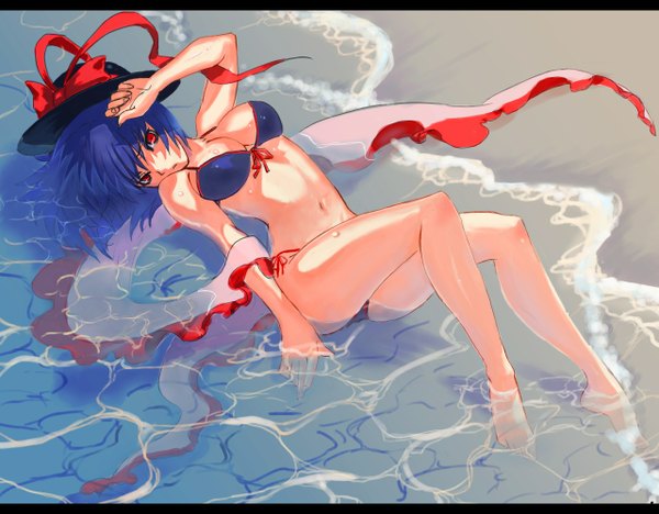 Anime picture 1280x1000 with touhou nagae iku light erotic red eyes blue hair beach girl ribbon (ribbons) swimsuit hat bikini water sea