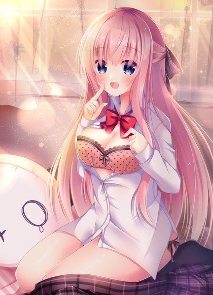 Anime picture 900x1250 with original mizuse sakua single long hair tall image blush breasts open mouth blue eyes light erotic large breasts pink hair indoors :d lens flare finger to mouth half updo partially open clothes girl ribbon (ribbons)