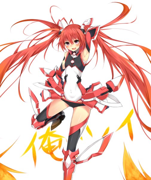 Anime picture 1095x1300 with ore twintail ni narimasu production ims tail red tsuedzu single long hair tall image looking at viewer blush fringe open mouth light erotic simple background red eyes white background twintails ahoge bent knee (knees) red hair very long hair
